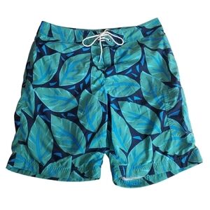 J. Crew Board‎ Shorts Mens 30 Blue Leaf Mesh lined Cargo Pocket Beach Tropical
